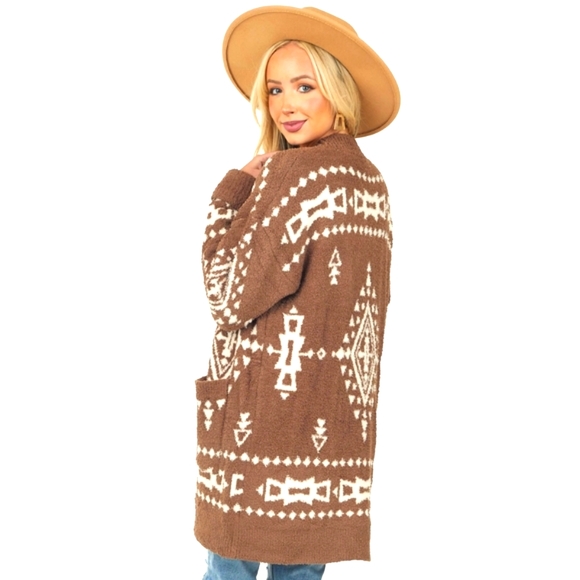 IN LOOM 🧡Coffee Geometric Soft Longline Button Up Cardigan⭐look western - Picture 3 of 13